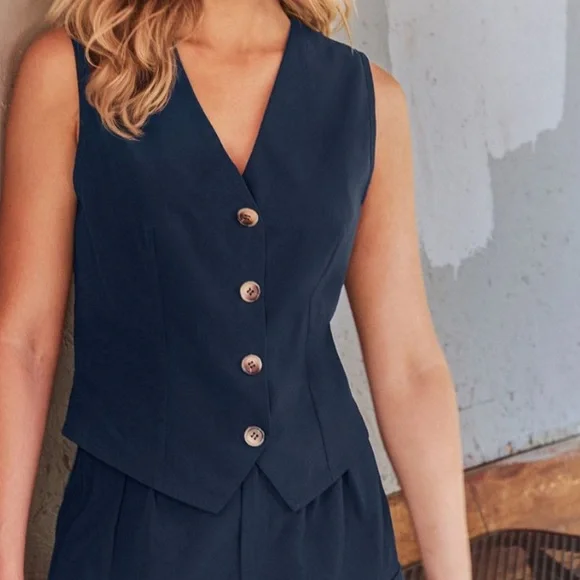 Sleeveless V-Neck Button Front Vest and shorts set in Navy - Picture 2 of 4